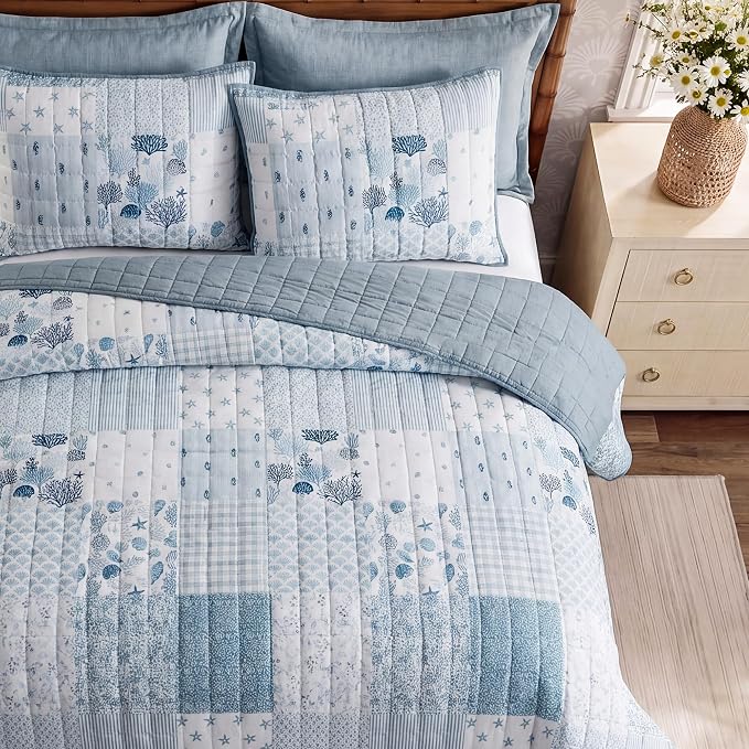 Queen Quilt Set-3 Pieces Soft Bedding Lightweight Floral Patchwork Coverlet | - Image 7