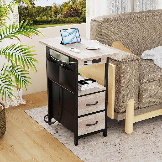 Yenlure Small Side Table with Charging Station, Narrow Nightstand Bedside - Image 7