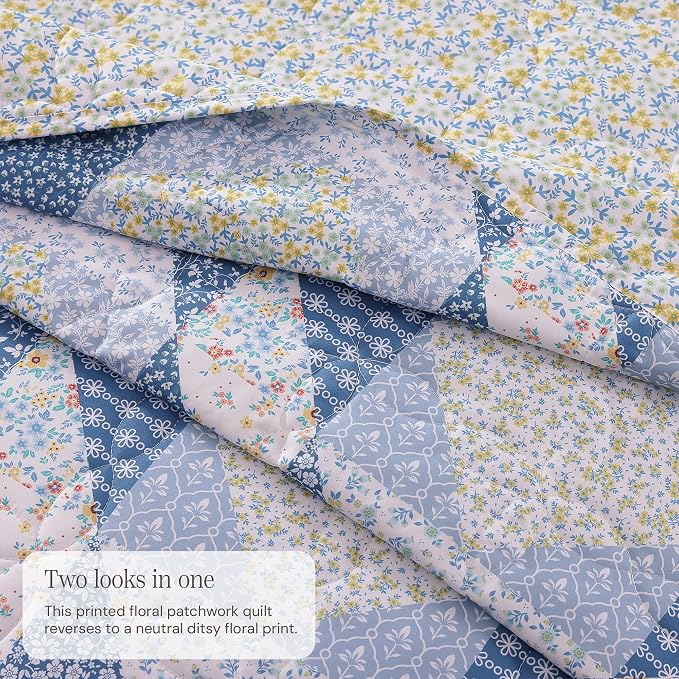 King Quilt Set-3 Pieces Soft Bedding Lightweight Floral Patchwork Coverlet | - Image 3