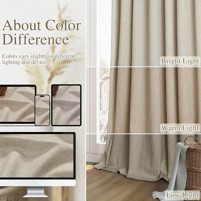 100% Blackout Linen Curtains for Bedroom 96 inches Long 8 FT, Thermal Insulated - Image 7