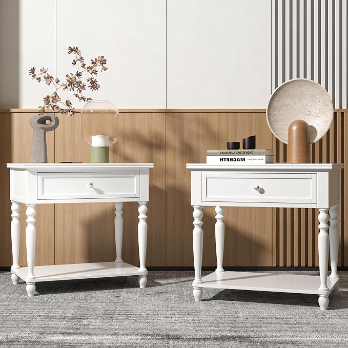 Solid Wood Nightstand with Charging Station, Traditional End Table with Drawers by Owipaw