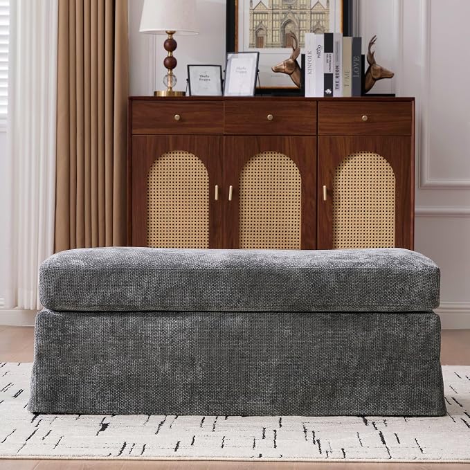 extrasleep Ottoman with Removable Tray, Upholstered Bench with Chenille Fabric - Image 3