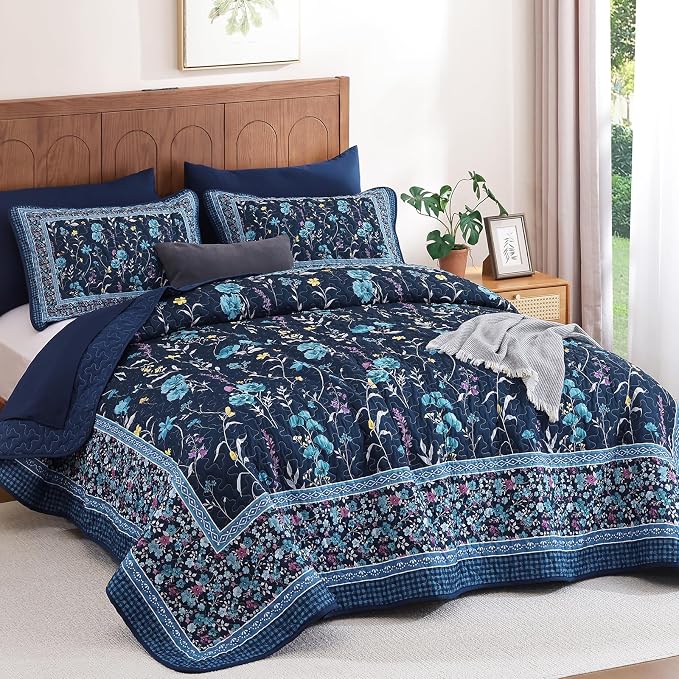 WONGS BEDDING Floral Quilts Set Queen, Microfiber Lightweight Farmhouse Bed - Image 2
