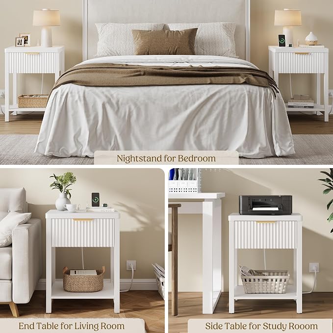 Night Stand Set 1, Fluted Wood Bedside Table w/Socket Station - Image 4