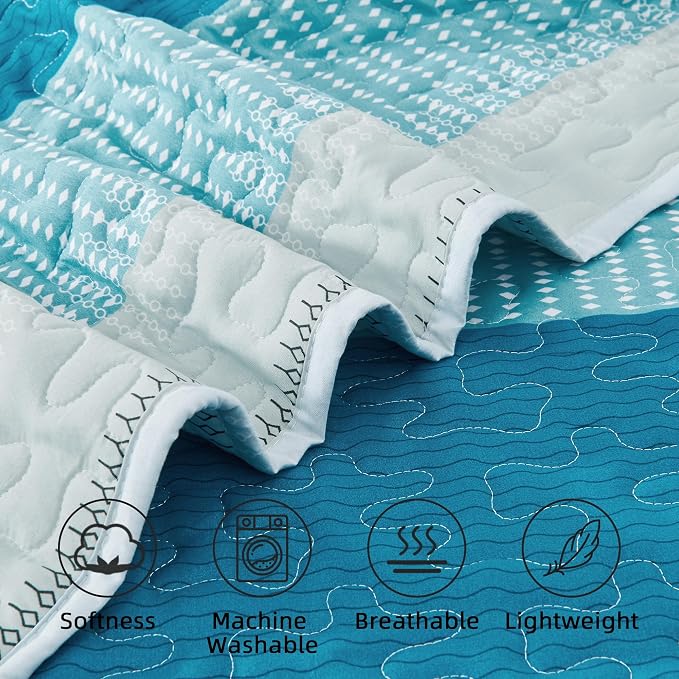 Queen Quilt Set Teal White, 3 Pieces Striped Bedspread | Ultra Soft Summer - Image 5
