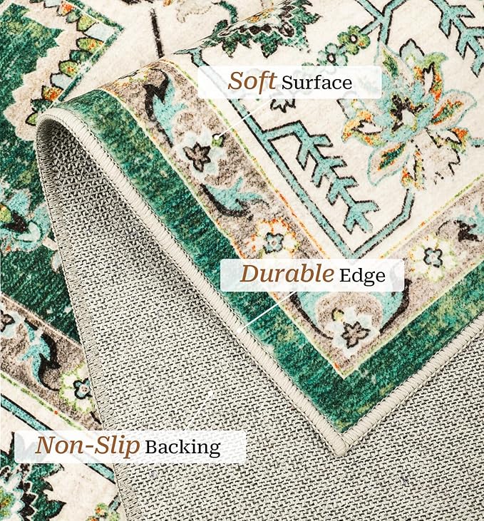 zesthome WashableRug 5x7 Area Rugs,Stain Resistant Rugs for Living Room,Bedroom,Non-Slip Backing Home Decor Rug, Vintage Medallion Pattern Rugs (Green,5'x7')