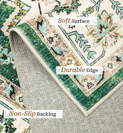 zesthome WashableRug 5x7 Area Rugs,Stain Resistant Rugs for Living Room,Bedroom,Non-Slip Backing Home Decor Rug, Vintage Medallion Pattern Rugs (Green,5'x7')