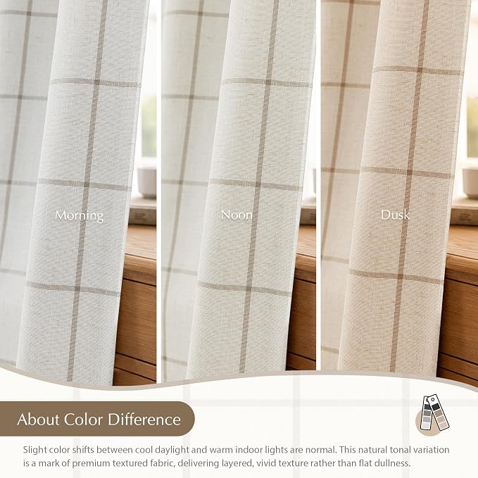 DriftAway 100% Blackout Plaid Linen Curtains 63 Inches Long 2 Panels Taupe | - Image 8