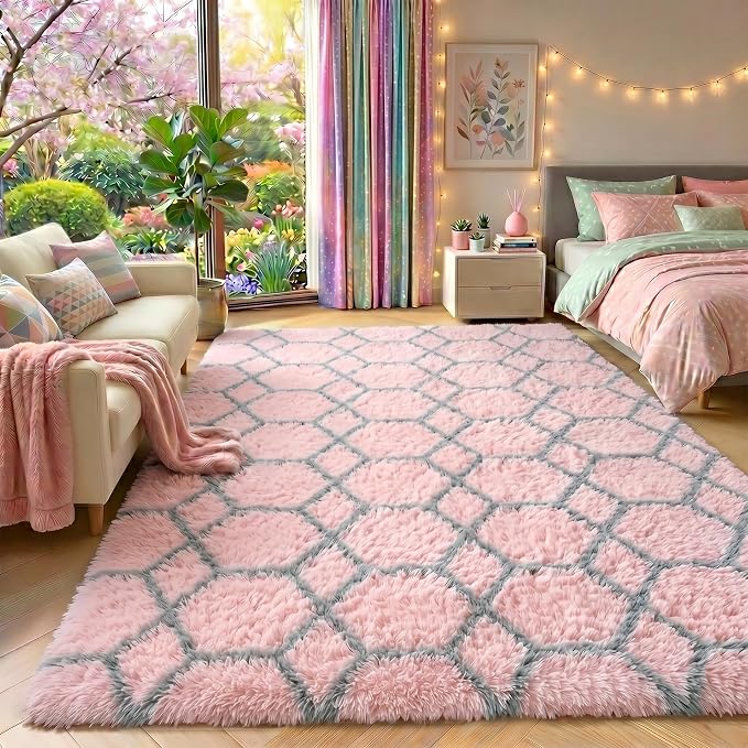 7x9 Area Rugs for Living Room Bedroom, Large Fluffy Pink and Grey Throw Rug - Image 7