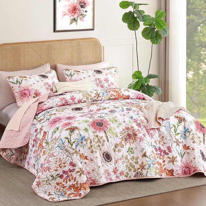 Yiran Pink Floral Quilts Queen Size, Sunflower Botanical Bedding Set | 3 Pieces - Image 2