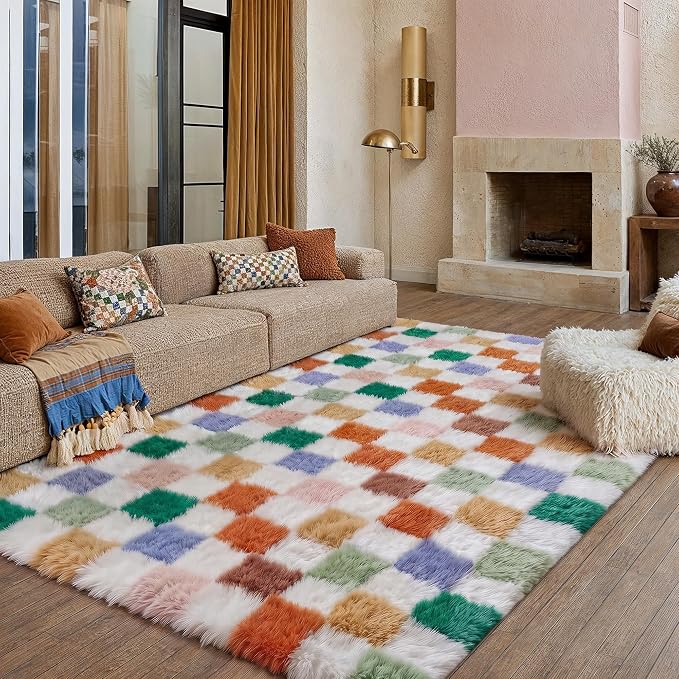 Colorful Area Rug 8x10 for Living Room Soft Checkered Shag Carpet | Machine - Image 4