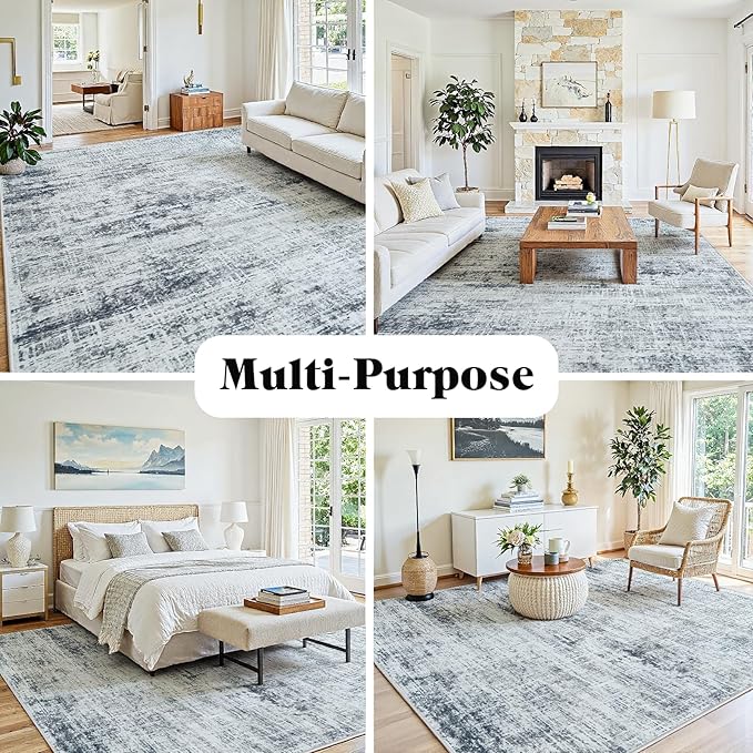 10x12 Washable Area Rug for Living Room Bedroom: Non-Slip Modern Black Grey | - Image 3
