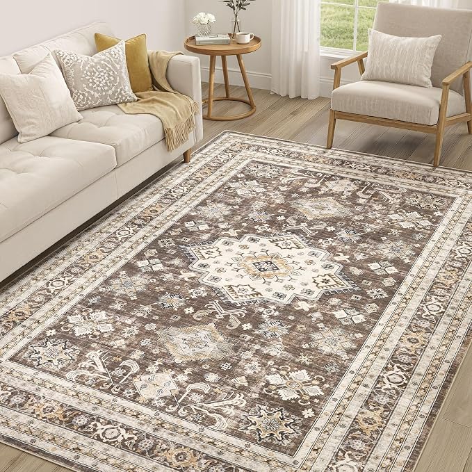 cotiled 7x9 Area Rug for Living Room, Traditional, Dark Brown | Soft Distressed by COTILED