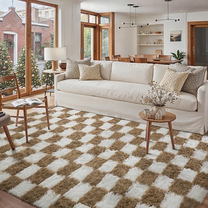 Brown Area Rug 8x10 for Living Room Soft Checkered Shag Carpet | Machine - Image 5