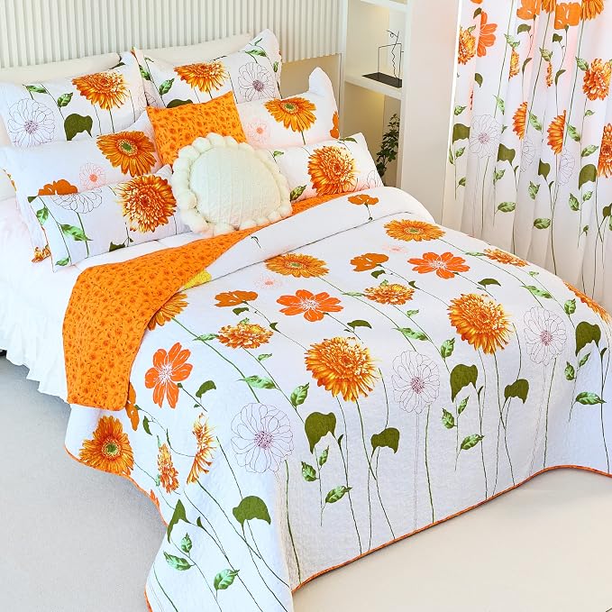 EVENHUG 100% Cotton Quilt King Size Orange Sunflower Bedding Set Floral - Image 2