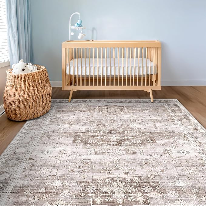 Washable Neutral Farmhouse Living Room Rug, 5x8 Area Rugs - Image 6