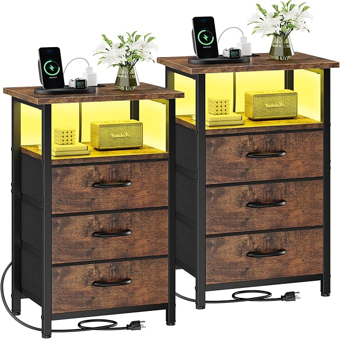Night stand Set 2 with Charging Station, LED Nightstand by Vagusicc