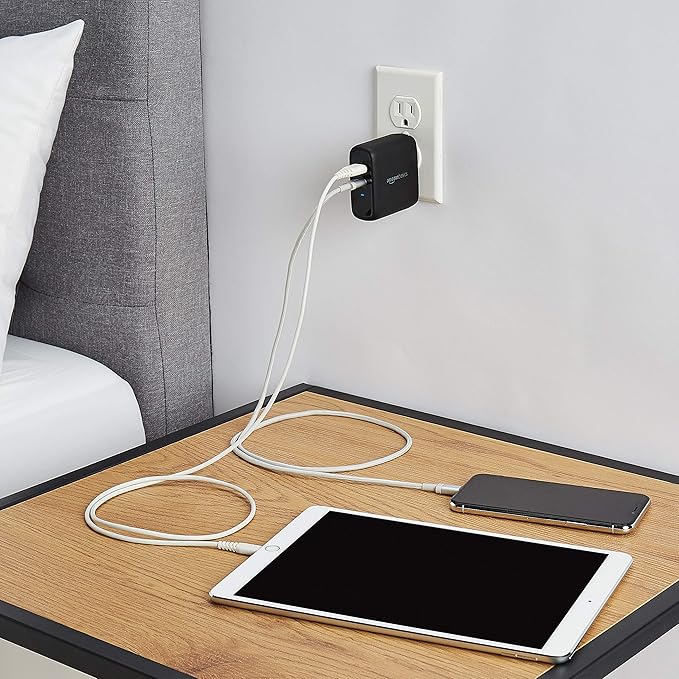 Amazon Basics 68W Two-Port GaN Wall Charger with 1 USB-C (60W) & 1 USB-A Ports (18W) with PD for Laptops, Tablets & Phones (iPhone 16/15/14/13/12/11/X, iPad, MacPro, Samsung, and more), Non-PPS, Black