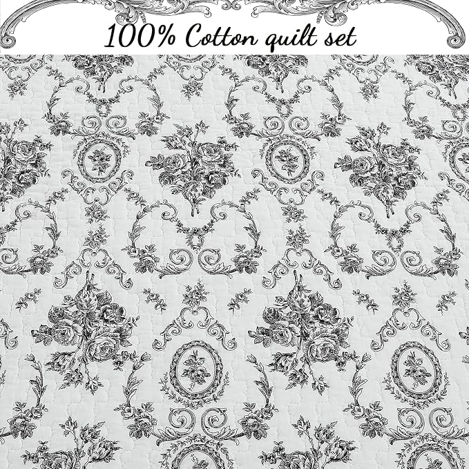 Cozy Line Home Fashions French Medallion Black White Grey Rose Flower Pattern - Image 6