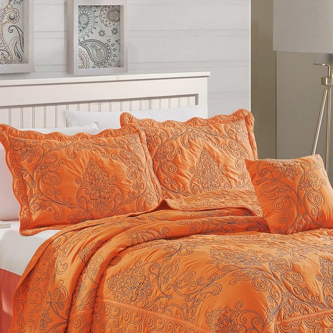Home Soft Things Damask 4 Piece Bedspread Set, Scalloped Edge Reversible Quilt - Image 2