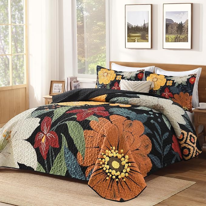 Oversized King Quilt Set Black, 128x120 Floral Super King Bedspread | 3 Pieces - Image 2