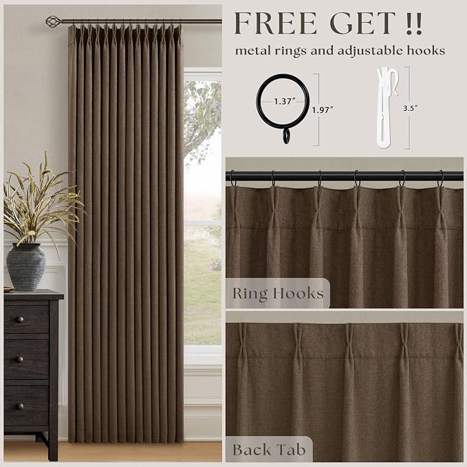 Dutch Cocoa 105 Inch Long Thick Linen Pinch Pleated 100% Blackout Curtains | - Image 3
