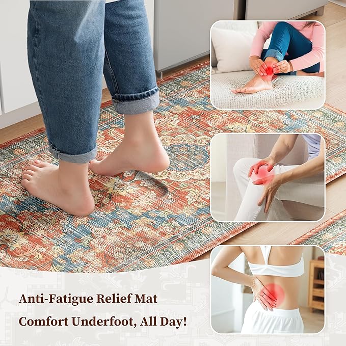 Boho Kitchen Mats for Floor 2 Piece Set Anti Fatigue Cushioned PVC Kitchen Rugs Non Slip Waterproof Farmhouse Mats 2/5 Inch Comfort Standing Mat for Sink, Laundry, 17.3"x47"+17.3"x28", Retro Red