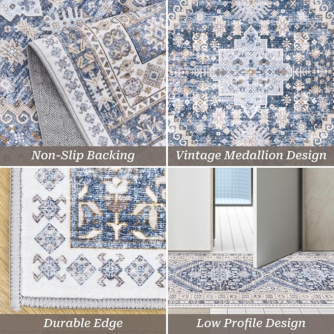 zesthome Washable Runner Rug 2.5x8 - Stain Resistant Entryway Rug,Ultra-Thin Kitchen Rugs, Anti Slip Backing Runner Rugs for Entrance Laundry Room Indoor Hallway (Blue/Beige,2.5'x8')