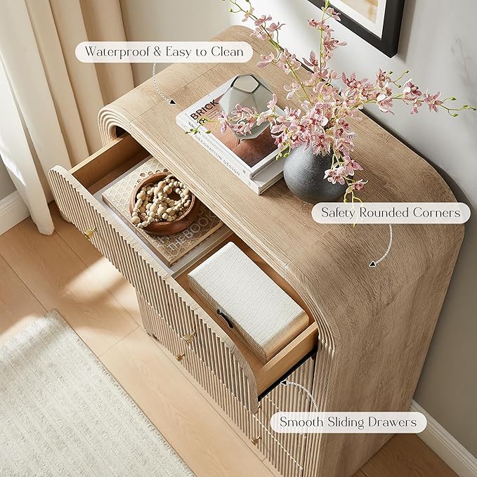 T4TREAM Fluted 5 Drawers Dresser, 48" Tall Modern Chest of Drawers with Thickened Curved Profile Design, Wood Closet Clothes Storage Organizer for Bedroom, Living Room, Hallway, Natural Oak