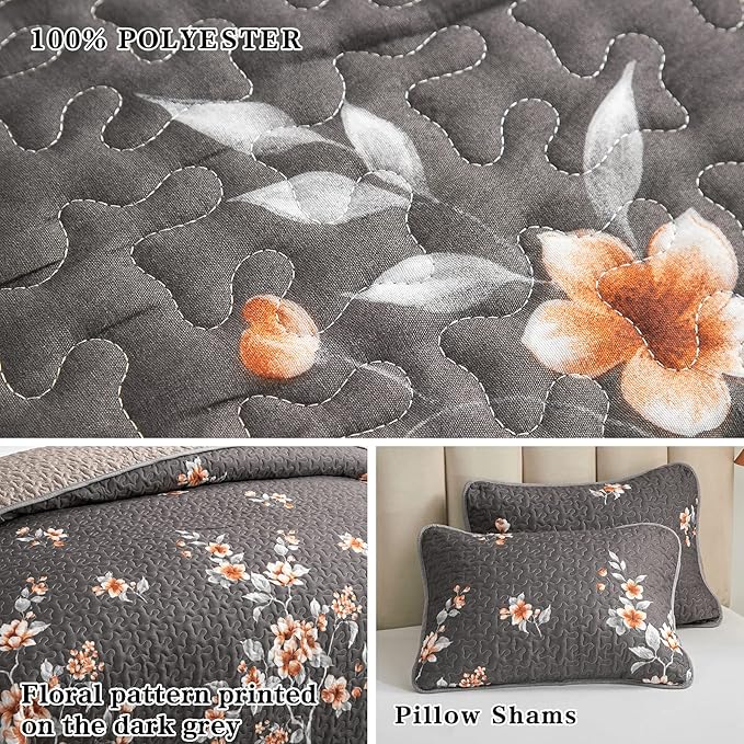 Flysheep 2 Pieces Quilt Set Twin Size, Dark Gray Floral Reversible Bedspread - Image 6