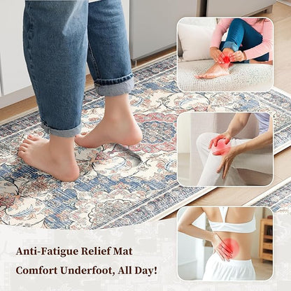 Boho Kitchen Mats for Floor 2 Piece Set Anti Fatigue Cushioned PVC Kitchen Rugs Non Slip Waterproof Farmhouse Mats 2/5 Inch Comfort Standing Mat for Sink, Laundry, 17.3"x47"+17.3"x28", Retro Blue