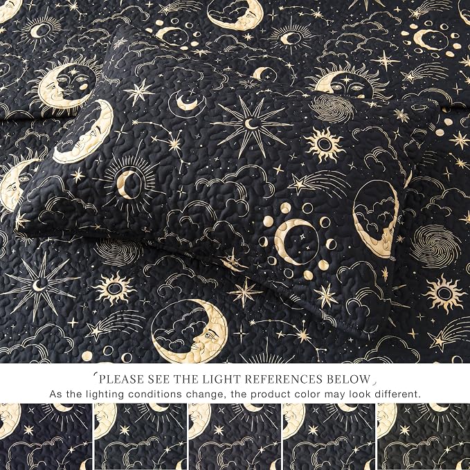 EXQ Home Quilt Set Full Queen Size Black Print Black Sun Starry Pattern | - Image 7