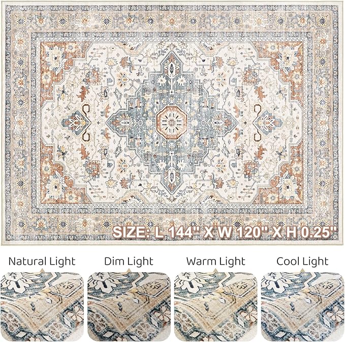 10x12 Area Rug Living Room: Washable Boho Large Neutral Vintage Soft Rugs Stain Resistant Distressed Farmhouse Non-Slip Indoor Floor Carpet for Bedroom Nursery Kids Office Dining Room- Beige Blue