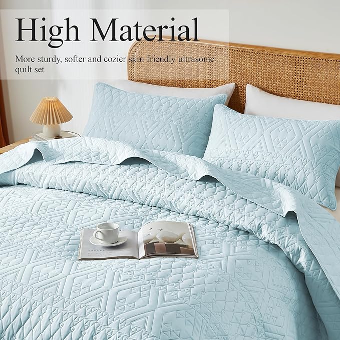 akkialla Full/Queen Size Quilt Bedding Set, Sky Blue Lightweight Microfiber - Image 3