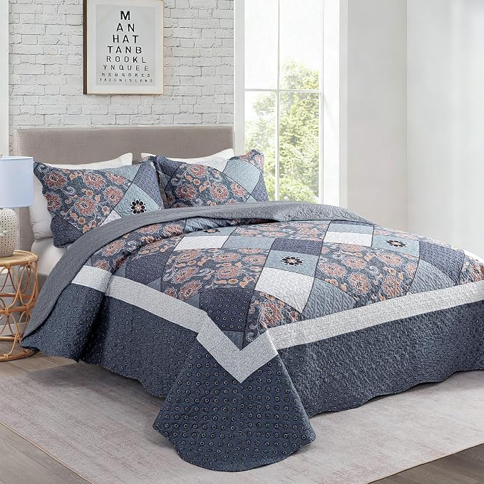 3-Piece Queen Bedspread Quilt Set Lightweight Coverlet Set Garden Style Floral - Image 2