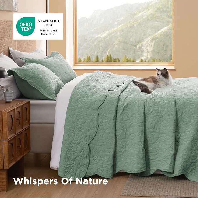 Bedsure Quilt Queen Size Bedspread, Thin Comforter, Sage Green Leaf Coverlet - Image 5