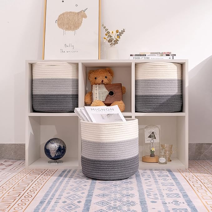 voten Woven Cotton Rope Round 11x11x11'' Storage Cubes Baskets Bins Organizer, 3-Tone Gray, 3-Pack