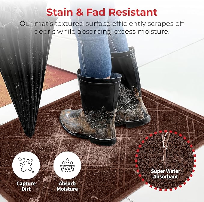 SlipToGrip Universal Door Mat, Plaid Design - Brown, 42 x 35 - Anti Slip, Durable and Washable, Outdoor and Indoor Floor Welcome Mat - Patio, Front Door, Dust Absorbent