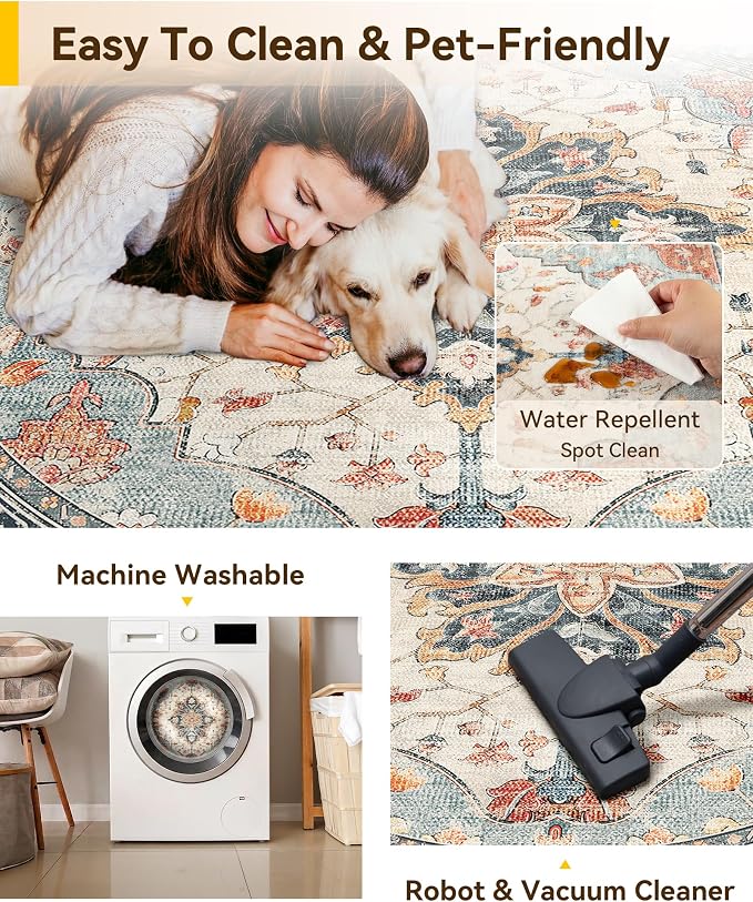 RELEANY Washable Area Rug, Round 8ft, Water Repellent, Pet Friendly, Vintage - Image 5