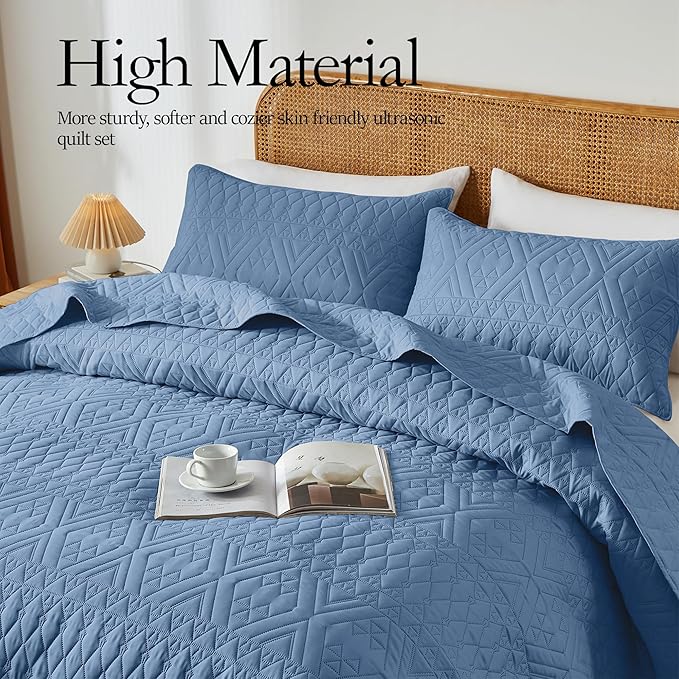 akkialla Full/Queen Quilt Set, Boho Style in a Solid Color, Bluish Grey - Image 3