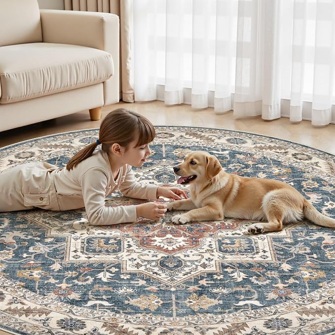 cotiled 8ft Round Living Room Area Rug, Traditional, Vintage Blue | Soft - Image 6