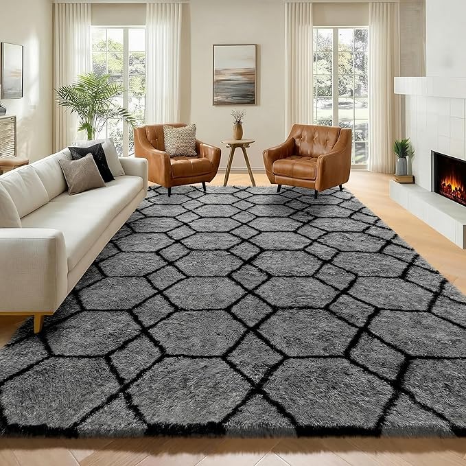7x9 Area Rugs for Living Room Bedroom, Large Fluffy Grey and Black Throw Rug by ONASAR