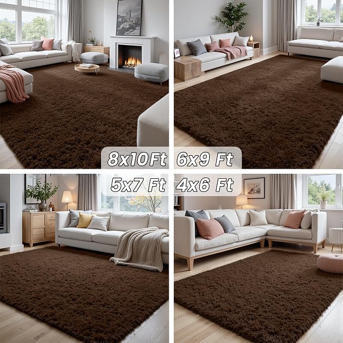 8x10 Fluffy Shag Area Rugs for Living Room Bedroom: Soft Plush Carpet Brown | - Image 7
