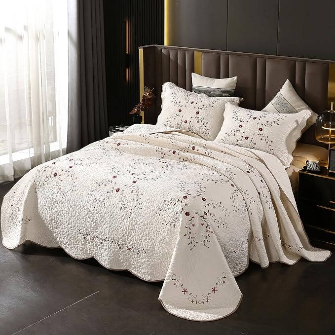 Quilt Set Full Floral Leaves 3D Embroidery Pattern 3-Piece Cotton Blend | - Image 3