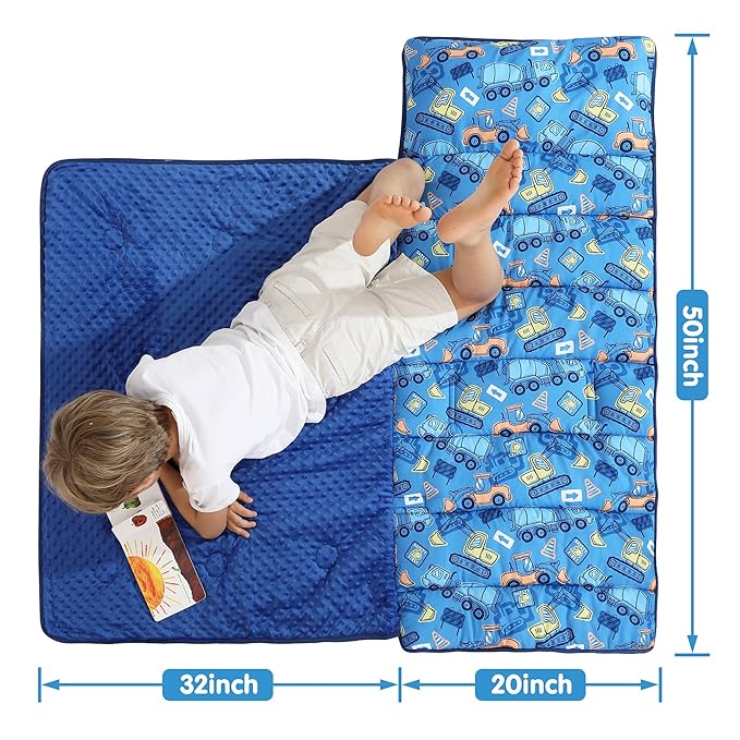 Viviland Toddler Kid Nap Mat for Preschool, Boys Blue Car Slumber Bag, Daycare Sleeping Bag with Pillow and Blanket, Kindergarten Sleep Mat
