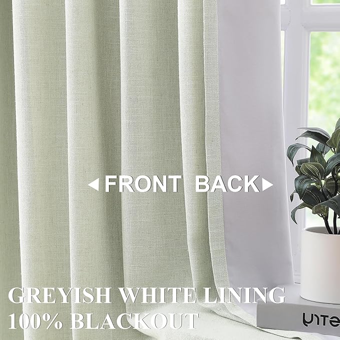 Vision Home Green Linen Full Blackout Curtains 120 inch for Bedroom Living Room Darkening Soundproof Window Panels Thermal Insulated Rod Pocket Back Tab Neutral Drapes 10FT 56" Wx120 Lx2