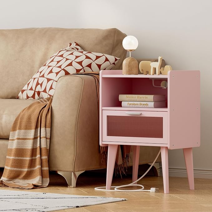 MMEOLUOOK Nightstand with Charging Station, Bedside Tables Pink End Table Side - Image 4