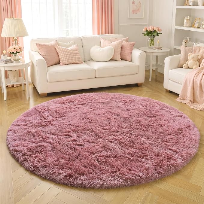 Amdrebio Blush Pink Fluffy Round Circle Rug 4Ft - Image 5