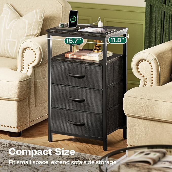 Huuger Night Stand with Charger Station and LED Lights, 3 Drawer Nightstand | - Image 8