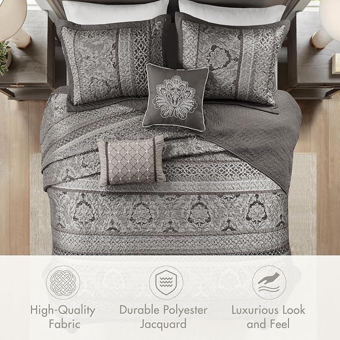 Madison Park King Quilt Bedding Set, Traditional Jacquard Damask, Lightweight & - Image 3